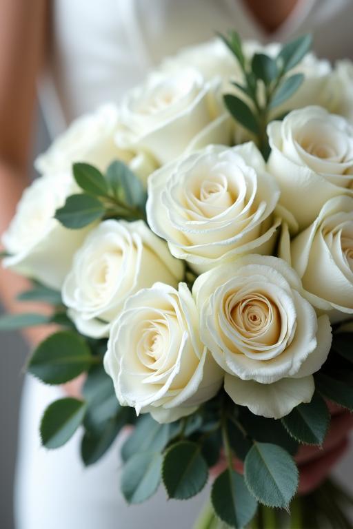 結婚式のブーケ、白バラとユーカリ