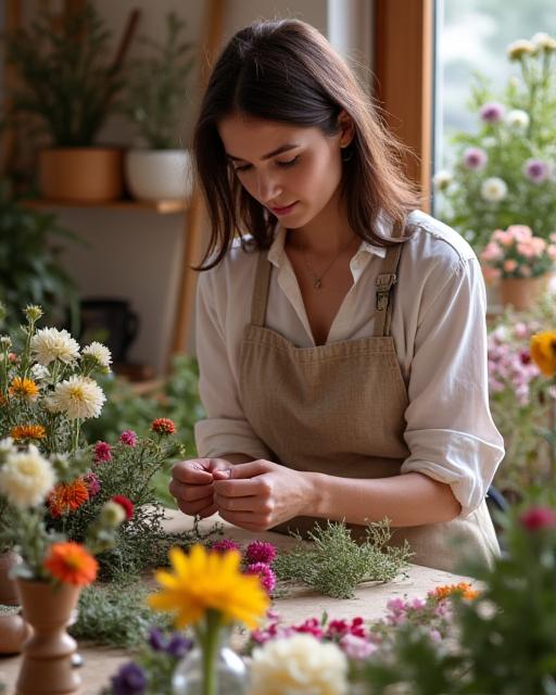 Una florista seleccionando flores cuidadosamente en el taller.