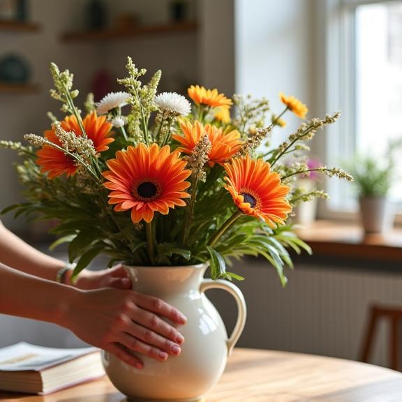 Persona colocando un jarrón con flores frescas de una suscripción en una mesa.